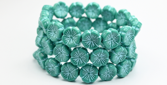 Hawaii Flower Pressed Glass Beads, Turquise Light Blue Lined (63140-54308), Glass, Czech Republic ~ STRANDED