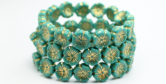 OUTLET 10  grams Hawaiian Flower Beads, 14 x 14 mm, Turquoise Gold Lined (63130-54202), Glass, Czech Republic