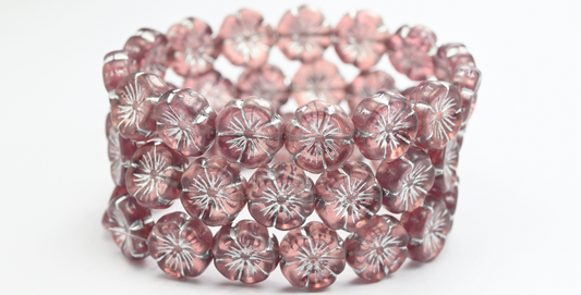 ハワイフラワー プレスガラスビーズ、オパールピンク シルバーライン (71010-54201)、ガラス、チェコ共和国 ~ STRANDED