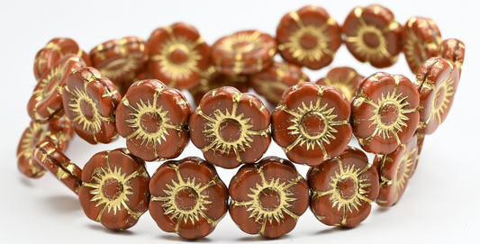 Round Flat Flower Pressed Glass Beads, Opaque Brown Gold Lined (13600-54202), Glass, Czech Republic ~ STRANDED