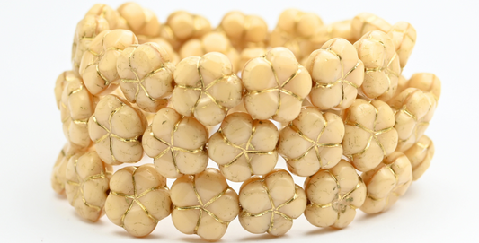 5枚の花びらフラワープレスビーズ、光沢ホワイトハーフコーティングゴールドライン（14000-54202）、ガラス、チェコ共和国～STRANDED