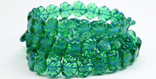 枫叶珠，透明绿浅蓝内衬 (50800-46460)，玻璃，捷克共和国 ~ STRANDED