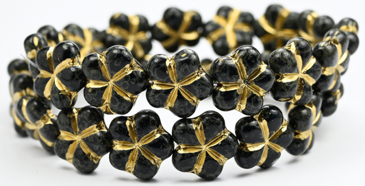 5-Petal Flower Pressed Beads, Black 86 Gold Lined (23980-86-54202), Glass, Czech Republic ~ STRANDED