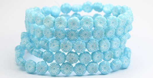 Hawaii Flower Pressed Glass Beads, Turquise White Lined (64000-46401), Glass, Czech Republic ~ STRANDED