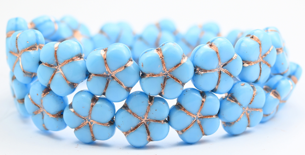 5-Petal Flower Pressed Beads, Silky Blue Copper Lined (64010-54200), Glass, Czech Republic ~ STRANDED