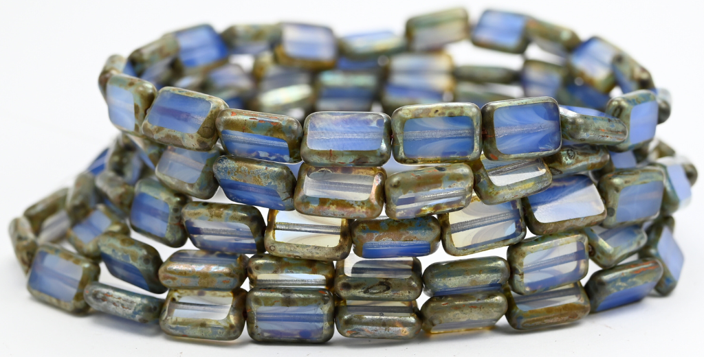 Table Cut Rectangle Beads, Opal Blue Picasso (31010-43400), Glass, Czech Republic ~ STRANDED