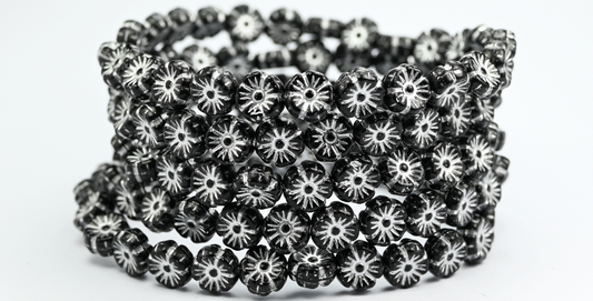 Hawaii Flower Pressed Glass Beads, Black White Lined (23980-46401), Glass, Czech Republic ~ STRANDED
