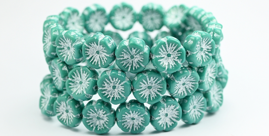 Hawaii Flower Pressed Glass Beads, Turquise White Lined (63140-46401), Glass, Czech Republic ~ STRANDED