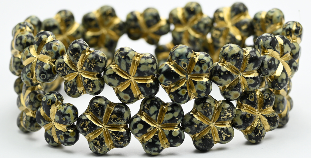 アウトレット 10グラム 5枚の花びらフラワープレストガラスビーズ、17 x 17 mm、ブラックトラバーチンゴールドライン（23980-86B-54202）、ガラス、チェコ共和国