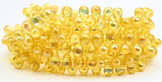 梨形泪滴压制玻璃珠，水晶浅黄色 Ab (00030-34302-AB)，玻璃，捷克共和国 ~ STRANDED