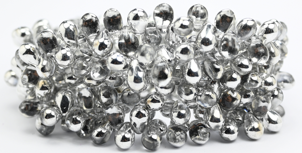 ペアティアドロッププレスガラスビーズ、クリスタルクリスタルシルバーハーフコーティング（00030-27001）、ガラス、チェコ共和国〜STRANDED