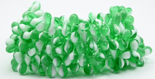 Pear Teardrop Pressed Glass Beads, Transparent Green Emerald (507002010), Glass, Czech Republic ~ STRANDED