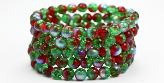 ラウンドプレスガラスビーズ Druck、ルビーレッド 50600 Ab クラック (90080-50600-AB-CRACK)、ガラス、チェコ共和国 ~ STRANDED