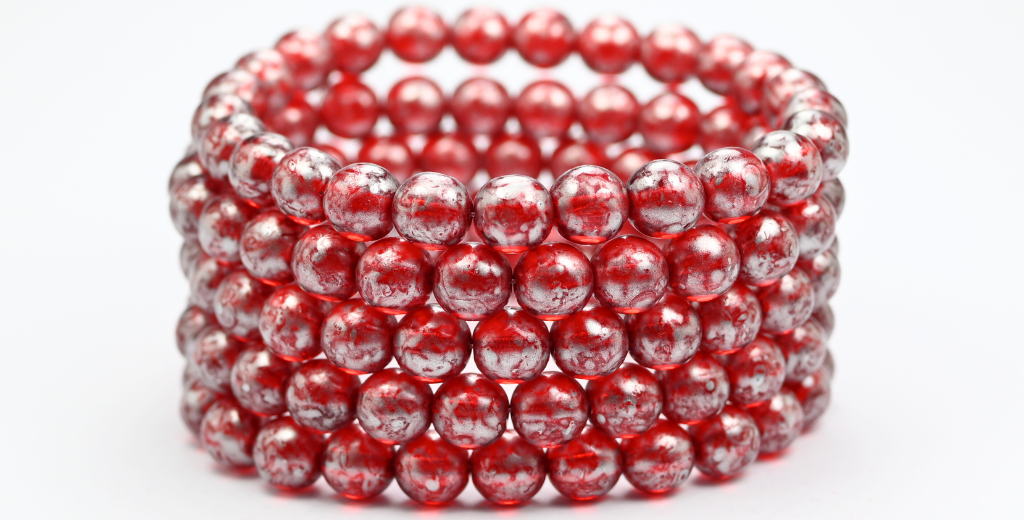Round Pressed Glass Beads Druck, Ruby Red Silver Splash (90080-86700), Glass, Czech Republic ~ STRANDED