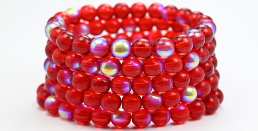 丸型プレスガラスビーズ Druck、ルビーレッド Ab (90080-AB)、ガラス、チェコ共和国 ~ STRANDED