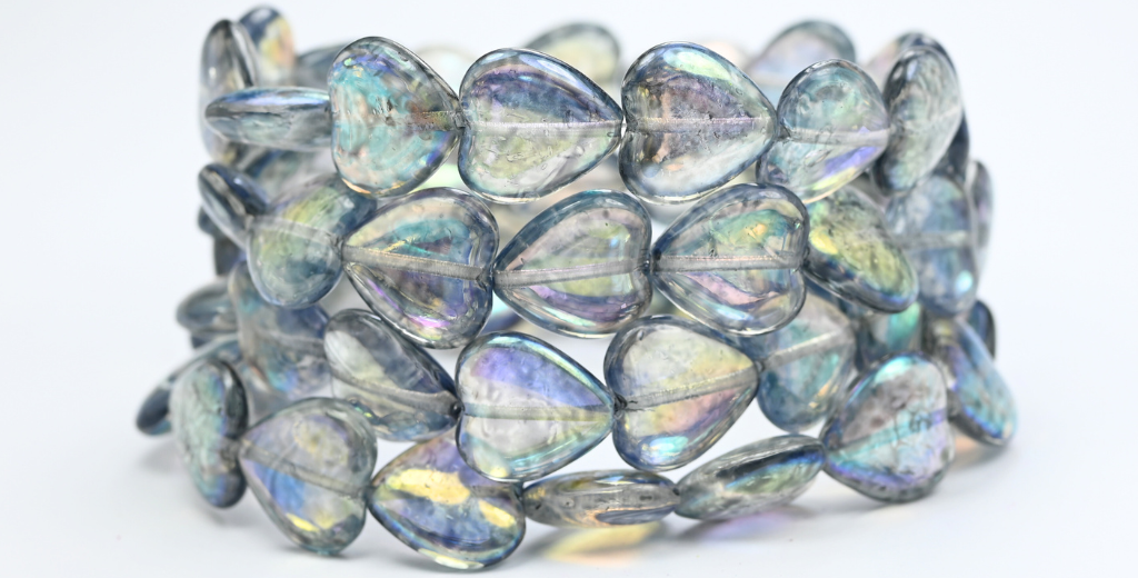 ハート型プレスガラスビーズ、クリスタルライトグレーAB（00030-34311-AB）、ガラス、チェコ共和国〜STRANDED