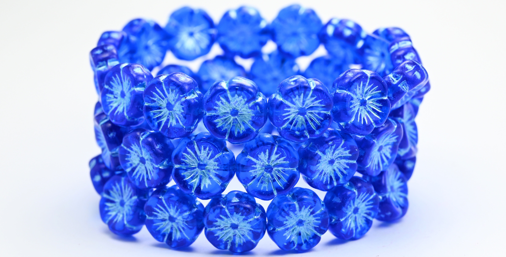 Hawaii Flower Pressed Glass Beads, Transparent Blue Blue Lined (30060-54323), Glass, Czech Republic ~ STRANDED