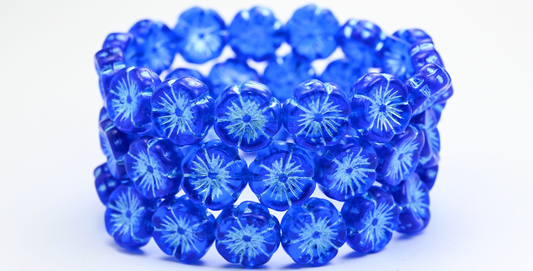 Hawaii Flower Pressed Glass Beads, Transparent Blue Blue Lined (30060-54323), Glass, Czech Republic ~ STRANDED