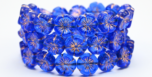 ハワイの花の押しガラスビーズ、透明ブルー銅線入り（30060-54200）、ガラス、チェコ共和国～STRANDED