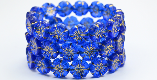 ハワイアンフラワー プレスガラスビーズ 透明ブルーゴールドライン (30060-54202) ガラス チェコ共和国 ~ STRANDED