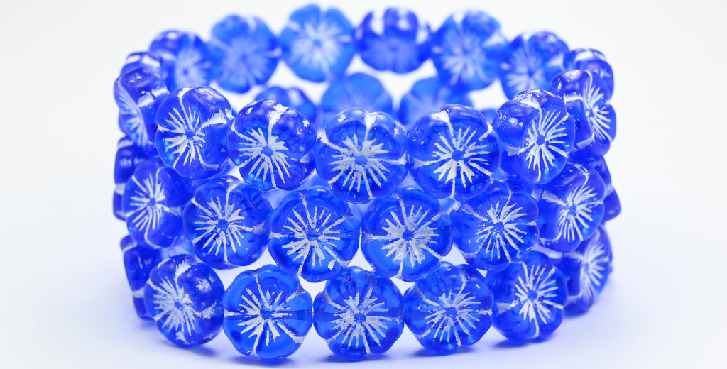 Hawaii Flower Pressed Glass Beads, Transparent Blue White Lined (30060-46401), Glass, Czech Republic ~ STRANDED