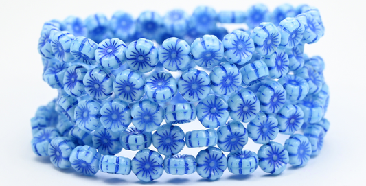 ハワイの花の押しガラスビーズ、ターコイズブルーのライン入り（64000-46430）、ガラス、チェコ共和国～STRANDED