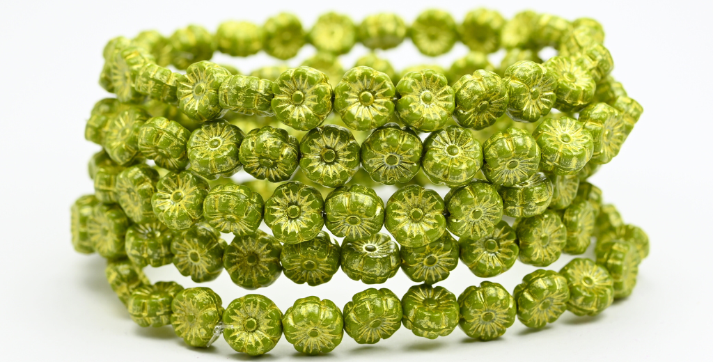 ハワイフラワープレスガラスビーズ、グリーン 54320 (53420-54320)、ガラス、チェコ共和国 ~ STRANDED