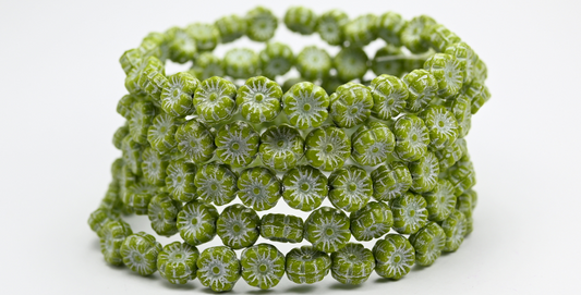 ハワイアンフラワー プレスガラスビーズ グリーンホワイトライン入り (53420-54312) ガラス製 チェコ共和国 ~ STRANDED