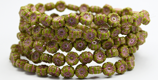 ハワイアンフラワー プレスガラスビーズ グリーンピンクライン (53420-54321) ガラス チェコ共和国 ~ STRANDED