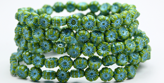 ハワイアンフラワー プレスガラスビーズ グリーンブルーライン (53420-54323) ガラス チェコ共和国 ~ STRANDED