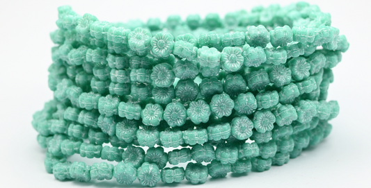 ハワイの花の押しガラスビーズ、不透明グリーンホワイトライン入り（53130-46401）、ガラス、チェコ共和国～STRANDED