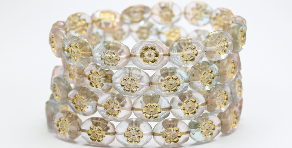 Oval Pressed Glass Beads With Flowers, Transparent Pink Transparent Light Amethyst Gold Lined (70110-20210-54202), Glass, Czech Republic ~ STRANDED