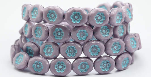Oval Pressed Glass Beads With Flowers, Silky Lavender Light Blue Lined (21350-54308), Glass, Czech Republic ~ STRANDED