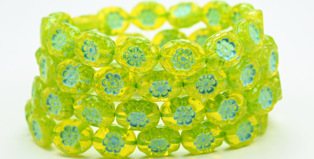 Oval Pressed Glass Beads With Flowers, Transparent Yellow Light Blue Lined (80020-54308), Glass, Czech Republic ~ STRANDED