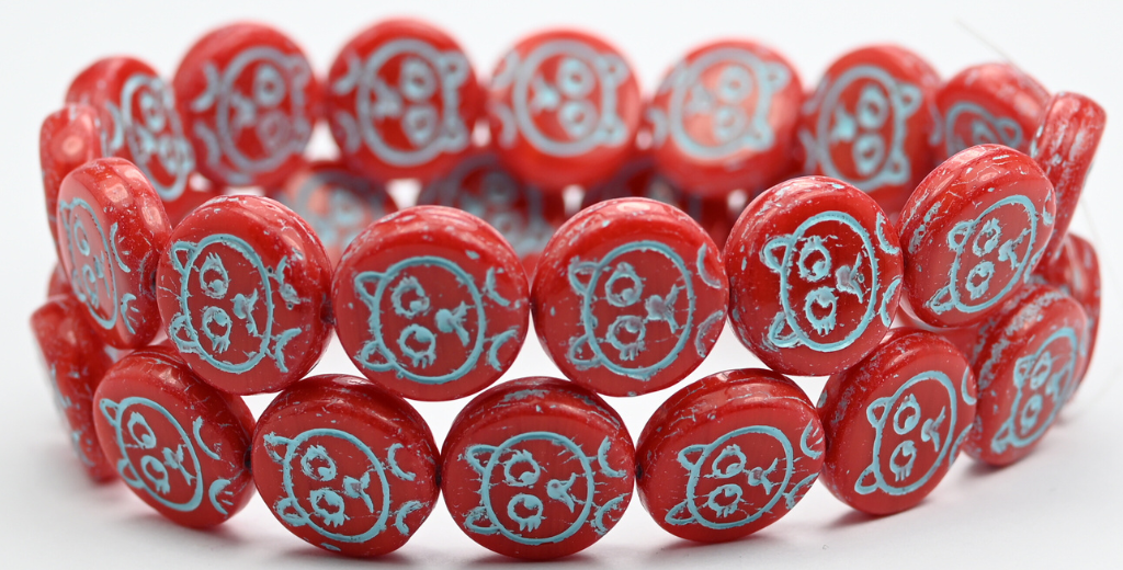 猫嘴硬币珠，不透明红浅蓝内衬 (93200-54308)，玻璃，捷克共和国 ~ STRANDED