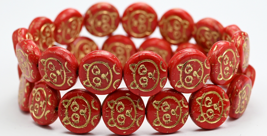 Cat Muzzle Coin Beads, Opaque Red Gold Lined (93200-54202), Glass, Czech Republic ~ STRANDED
