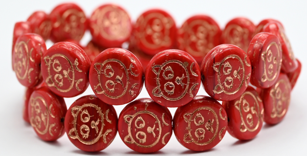 Cat Muzzle Coin Beads, Opaque Red Copper Lined (93200-54200), Glass, Czech Republic ~ STRANDED