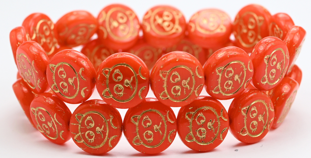 猫嘴硬币珠，蛋白石红金内衬 (91240-54202)，玻璃，捷克共和国 ~ STRANDED