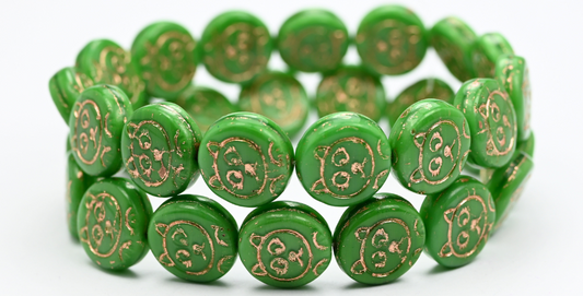 猫嘴硬币珠，绿孔雀石铜衬里（54110-54200），玻璃，捷克共和国〜STRANDED