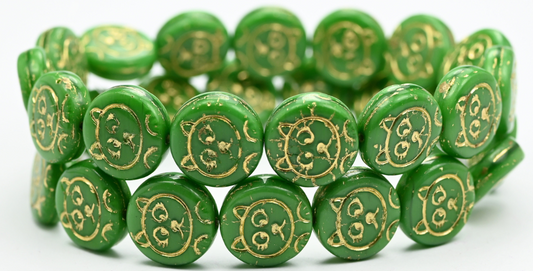 猫の口輪コインビーズ、グリーンマラカイトゴールドライン（54110-54202）、ガラス、チェコ共和国～STRANDED