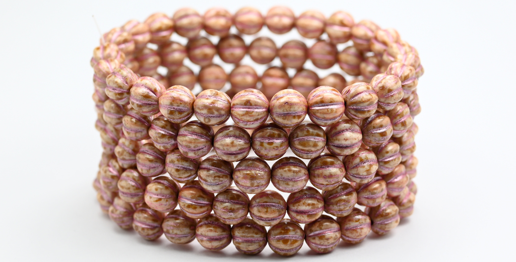 Melon Round Pressed Glass Beads With Stripes, White Travertin Pink Lined (02010-86-54321), Glass, Czech Republic ~ STRANDED