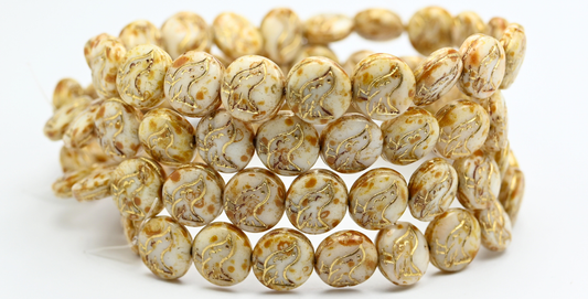 Round Coin With Walking Bird Beads, White Travertin Gold Lined (02010-86-54202), Glass, Czech Republic ~ STRANDED