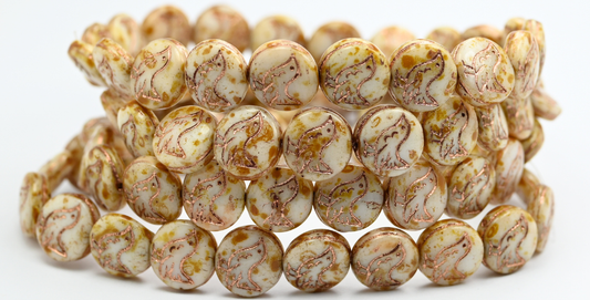 Round Coin With Walking Bird Beads, White Travertin Copper Lined (02010-86-54200), Glass, Czech Republic ~ STRANDED