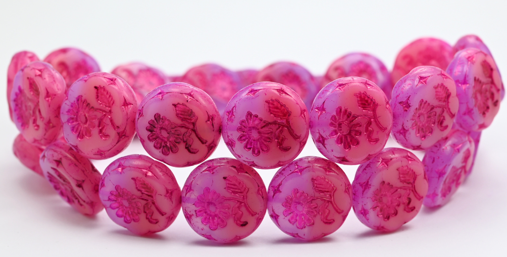 アウトレット 10グラム ラウンドフラットフラワーマーガレットプレスガラスビーズ、18 x 18 mm、オパールピンク 22310 54570 (72010-22310-54570)、ガラス、チェコ共和国