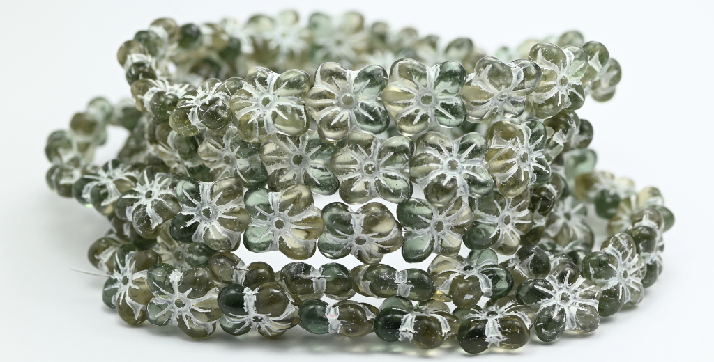Flower Pressed Glass Beads, Gray Transparent Green White Lined (40010-50220-46401), Glass, Czech Republic ~ STRANDED