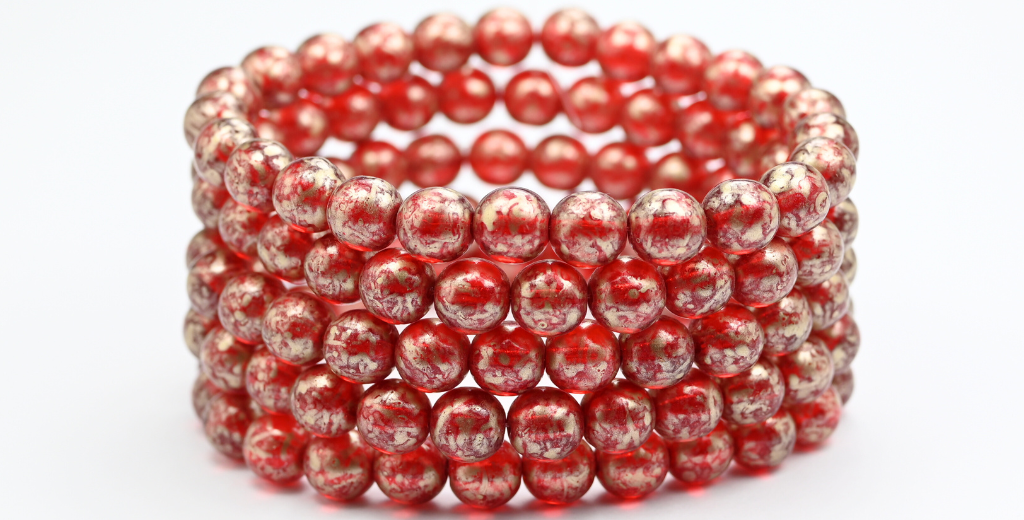 Round Pressed Glass Beads Druck, Ruby Red Gold Splash (90080-86710), Glass, Czech Republic ~ STRANDED