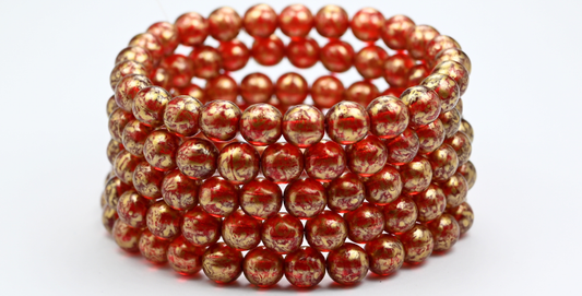 ラウンドプレスガラスビーズDruck、ルビーレッドゴールドスプラッシュ（90080-86720）、ガラス、チェコ共和国〜STRANDED
