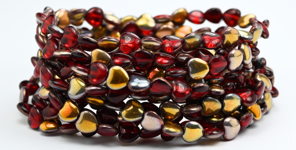 Heart Pressed Glass Beads, Ruby Red Rose Gold Capri (90080-27101), Glass, Czech Republic ~ STRANDED