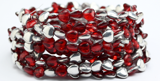 Heart Pressed Glass Beads, Ruby Red Crystal Silver Half Coating (90080-27001), Glass, Czech Republic ~ STRANDED