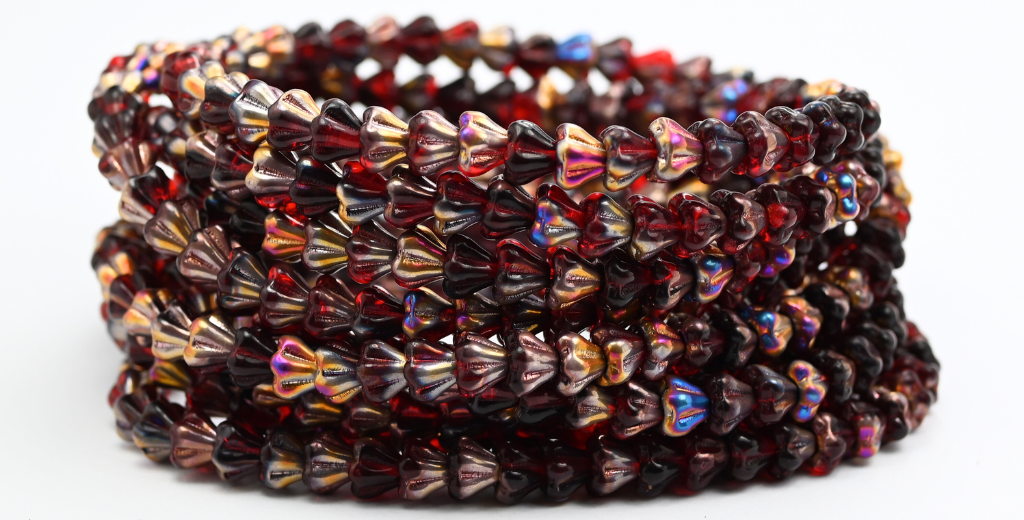 Bell Flower Pressed Glass Beads, Ruby Red Sliperit (90080-29500), Glass, Czech Republic ~ STRANDED